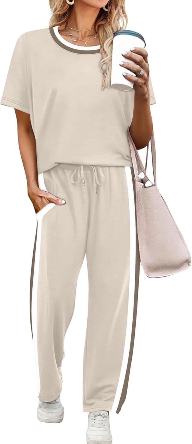 Detalle de WIHOLL 2-Piece Lounge Set for Women: Matching Short-Sleeve Top & Wide-Leg Pants with Pockets