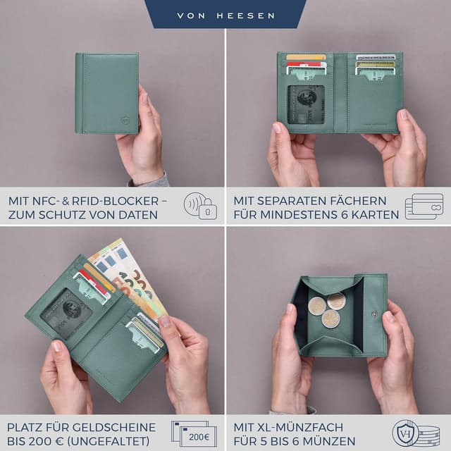 Detalle 2 de VON HEESEN Leder-Geldbörse mit XL-Münzfach & RFID-Schutz in Türkis