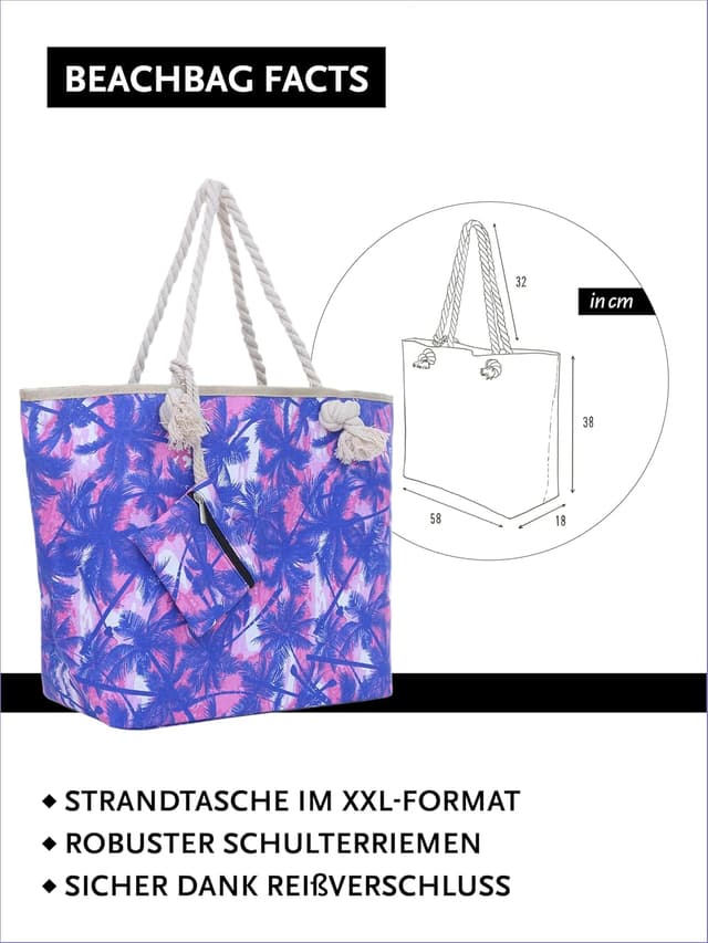 Detalle 2 de DonDon Strandtasche XXL mit Reißverschluss 58 cm