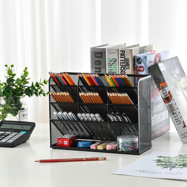 Detalle de Marbrasse Mesh Desk Organiser with 9 compartments – multi-functional pen holder for home office & school