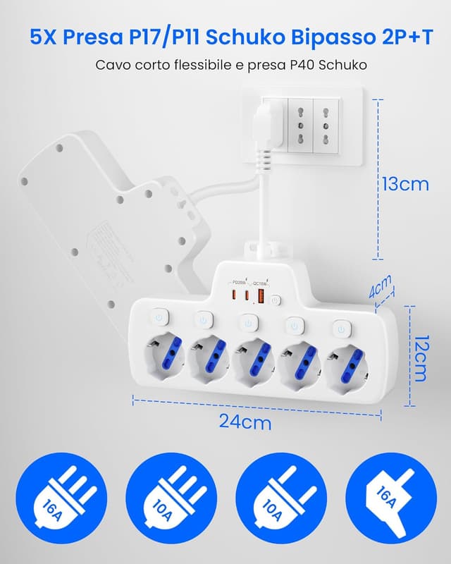Thumbnail 4 de Ciabatta multipresa 5 posti con interruttori e cavo 0,1 m 🔌