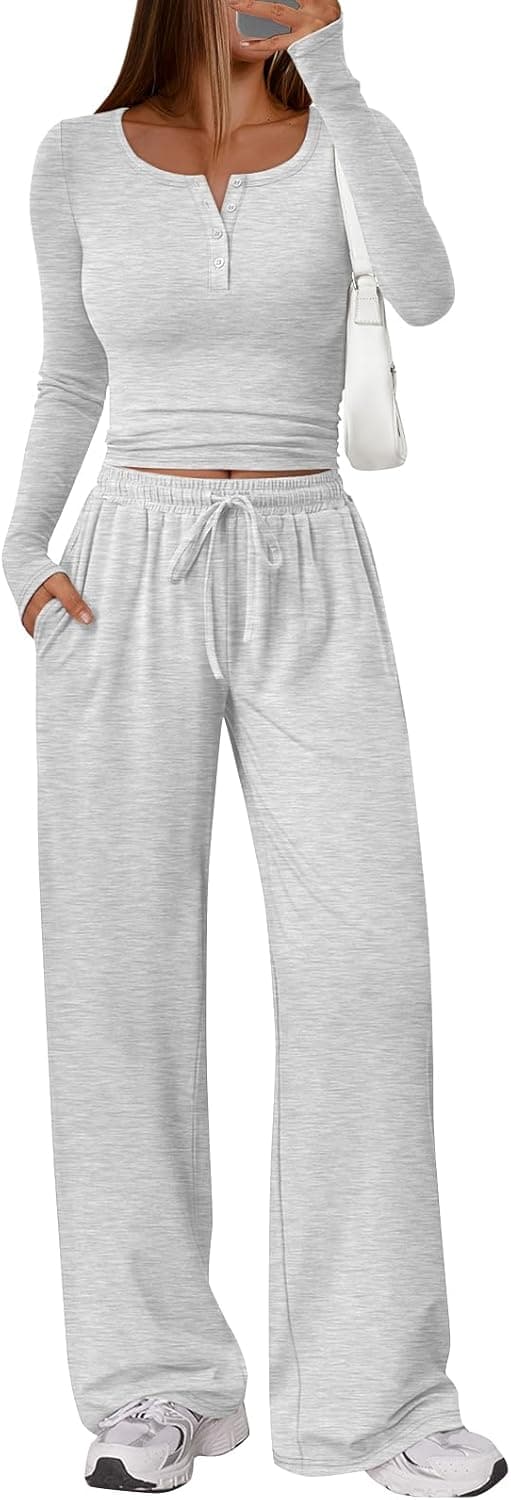 Detalle de Trendy Queen Women's 2-Piece Lounge Set — Henley Top & Wide Leg Pants