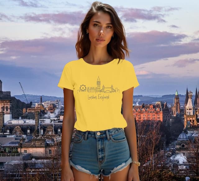 Detalle 2 de Qskall Women’s London England T‑Shirt with London Skyline Print (Crew Neck)
