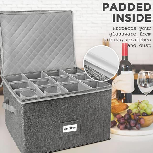 Detalle 2 de LotFancy Stemware Storage Container (Hard Shell) — Stackable Wine Glass Storage Box with Dividers & Handles