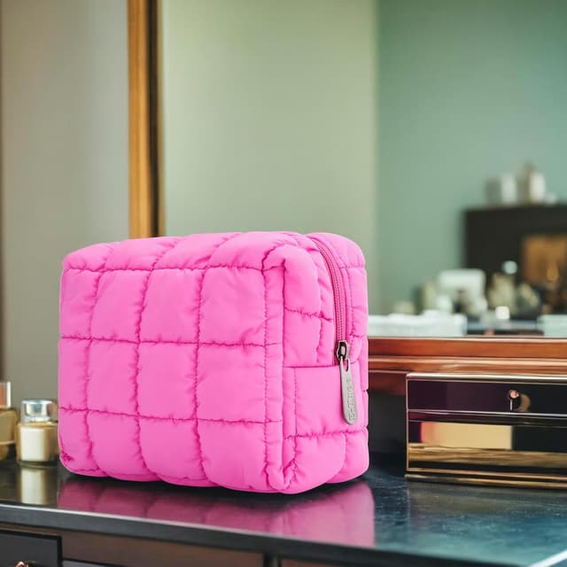 Thumbnail 6 de E-Tree Quilted Cute Makeup Bag (Checkered, Hot Pink) for Purse & Travel Essentials