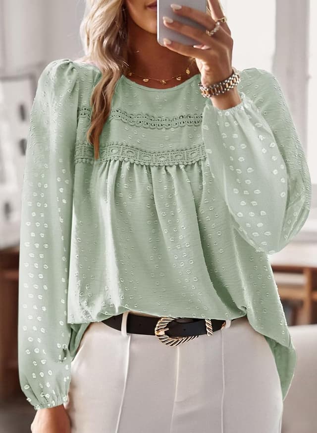 Detalle de TUUHAW Langarmshirt Damen Boho-Top mit Rundhals & Häkelapplikation