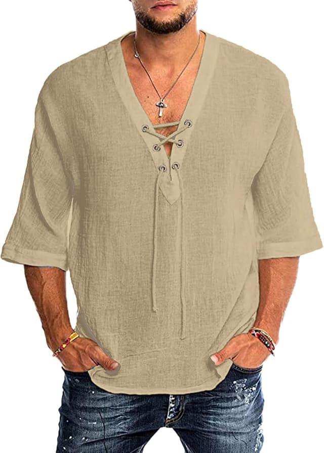 Detalle de YAOBAOLE Chemise homme manches 3/4 coton lin vintage médiéval à lacets