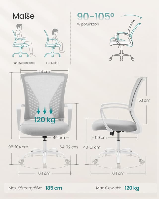 Detalle de SONGMICS OBN022GD01 Bürostuhl 120 kg Belastung