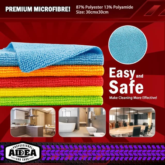 Detalle 2 de AIDEA Microfibre Cloths 100 Pack (30x30cm) – lint-free washcloths for car detailing & household cleaning