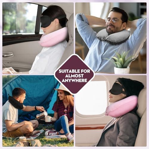 Thumbnail 8 de Cirorld almohada de viaje hinchable para cuello (rosado), con máscara de ojos, tapones y bolsa