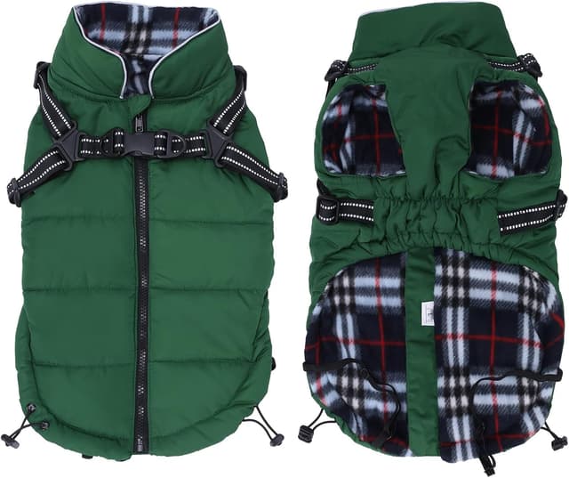 Detalle de babepet Warm Pet Dog Coats with Harness – Waterproof Green Small Dog Jacket Coat (with Chest Strap, Zip Up) – XL