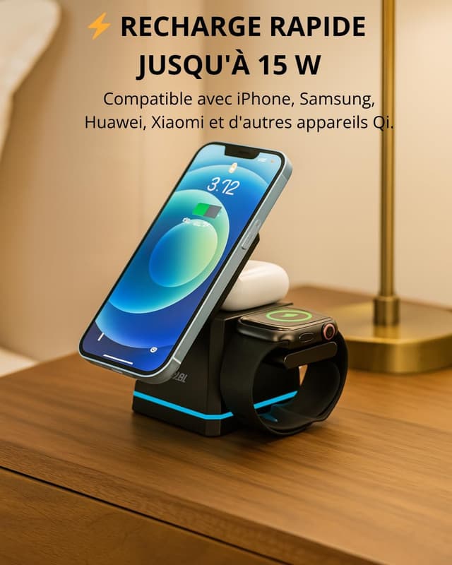 Detalle 2 de Energizer WCP307 chargeur de bureau 3-en-1 sans fil 15 W avec MagSafe, support pliable et hauteur réglable