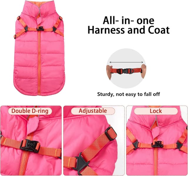 Detalle de babepet Waterproof Dog Coat with Harness (Waterproof Fleece Lining, Reflective Piping) – Pink, XL