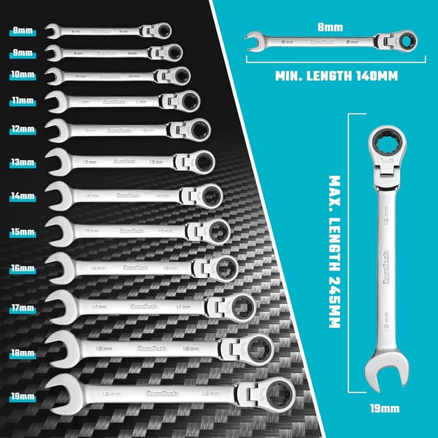 Thumbnail 5 de Duratech 12 piezas llaves de carraca 8–19 mm cabeza flexible