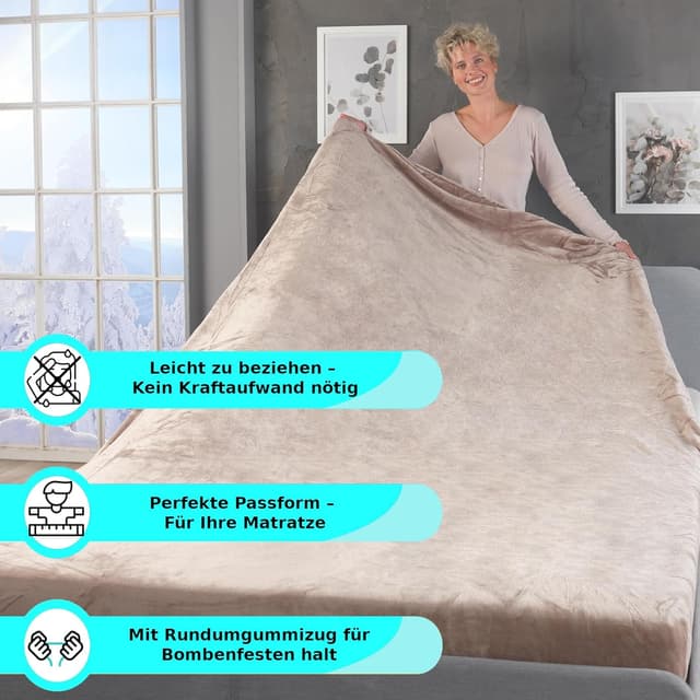 Detalle de MALIKA Premium Cashmere-Touch Spannbettlaken Jersey Fleece, Taupe – 180-200 x 200 cm