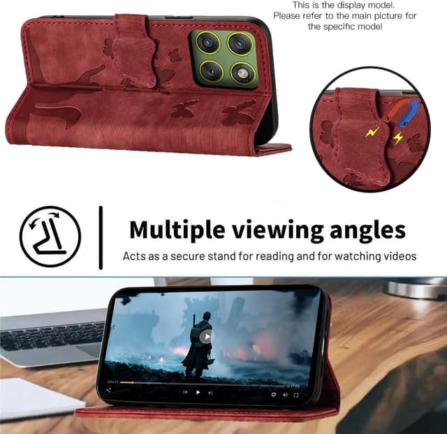 Detalle de LSPCASA Handyhülle für Motorola Edge 70 (6,7 Zoll) – PU Flip-Case mit Kartenfächern und Standfunktion, Schmetterlingskatze rot