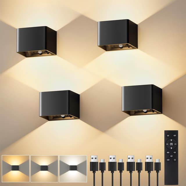 Detalle de VIWAVE 4er-Set Akku-Wandleuchten innen mit Bewegungsmelder & Fernbedienung (3 Farbtemperaturen, dimmbar)