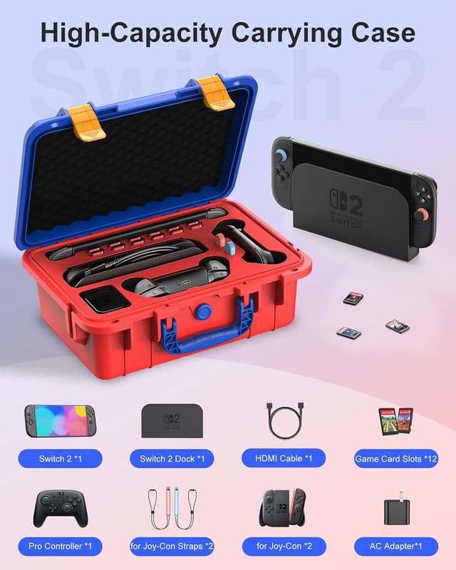 Detalle de STARTRC GAMES Hard Carrying Case for Nintendo Switch 2 (2025) – Waterproof Travel Case (Red & Blue)