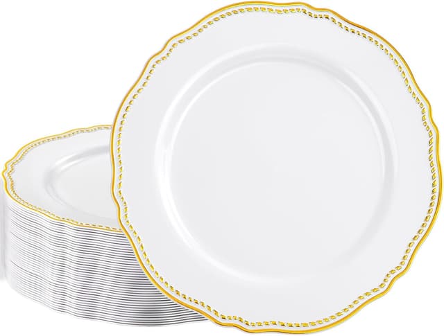 Detalle de Hioasis 60 Pack White & Gold Disposable Dinner Plates with Gold Rim (10.5 in), Heavy-Duty Plastic