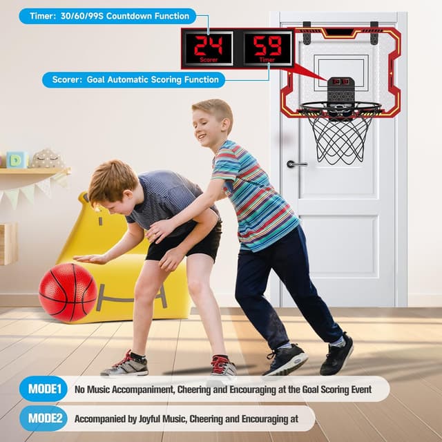 Detalle 2 de Indoor Basketball Hoop for Kids (Ages 4–12) — Over-the-Door Mini Hoop With Electronic Scoring, Countdown & Music