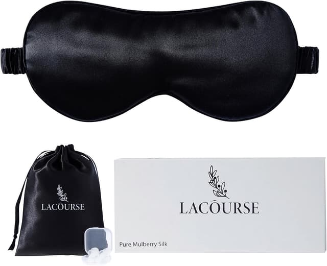 Detalle de LaCourse 22 Momme Schlafmaske aus 100% Maulbeerseide (Schwarz) – komplett verdunkelnd & bequem