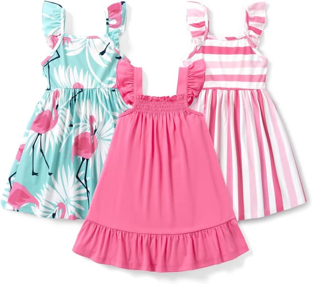 Detalle de PatPat lot de 3 robes d’été décontractées à manches volantées pour petite fille, multicolore