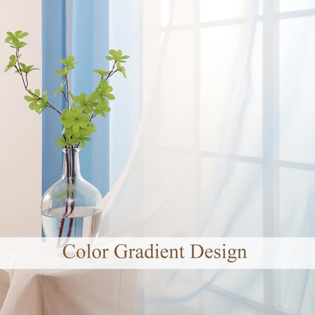 Detalle de L.Z.E Blue White Ombre Voile Curtains (with eyelets) – light blue gradient sheer panels, 96 inch drop