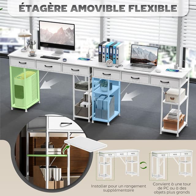 Detalle de HOMCOM Bureau d’ordinateur blanc 120 x 40 cm avec station de charge USB et 3 tiroirs en tissu