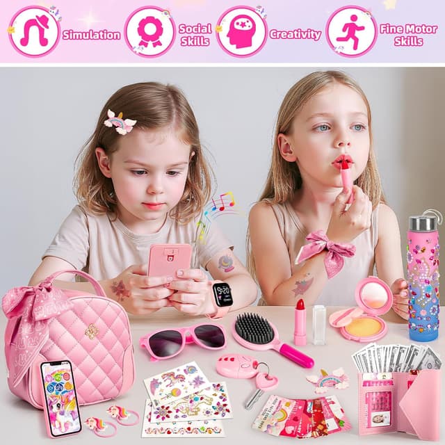 Detalle de Hohosunlar Play Purse Set for Little Girls (Kids Handbag + Pretend Makeup, Craft Water Bottle & Accessories) for Ages 3–12