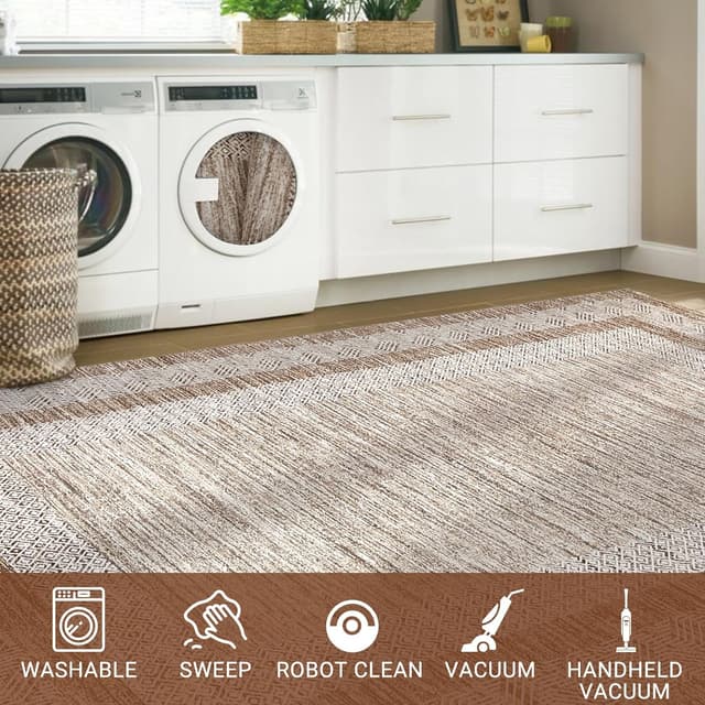 Detalle de GarveeHome 2x6 Modern Bordered Runner Rug (Soft Non-Slip, Washable) in Brown