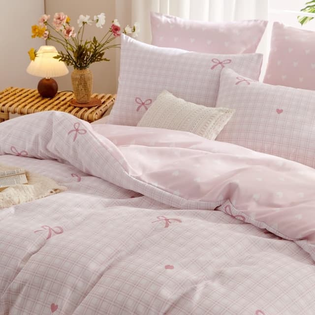 Detalle de Housse de couette Freyamy 140x200 à carreaux vichy rose (microfibre) avec taie 65x65 cm et fermeture éclair