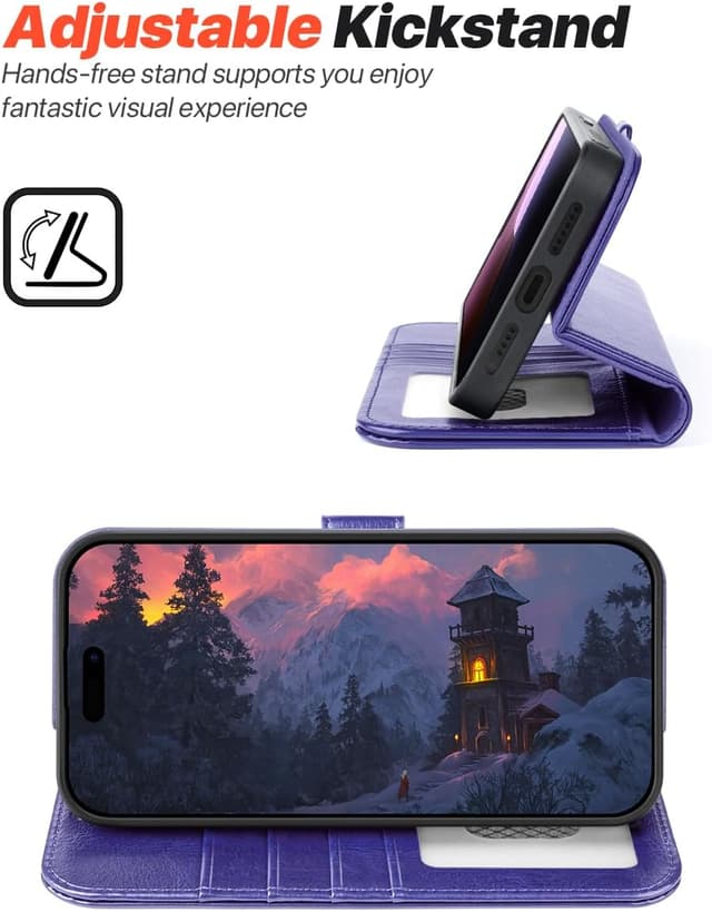 Detalle 2 de OCASE iPhone 16 Pro Max Hülle (2in1) aus Leder, stoßfest mit abnehmbarer Magnet-Hülle, Kartenfach, RFID-Schutz und Handschlaufe – Violett