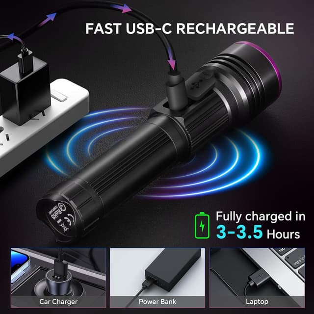 Detalle 2 de Dokhbem 365nm Rechargeable UV Flashlight with LCD Display for Pet Urine Detection & Resin Curing (Black Light, Black)