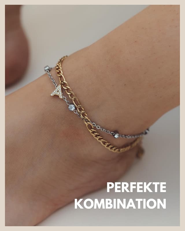 Detalle de Gd. GOOD.designs EST. 2015 Zirkonia-Fußkette für Damen – wasserfest, verstellbar (22–27 cm), Edelstahl 18K Gold & Silber