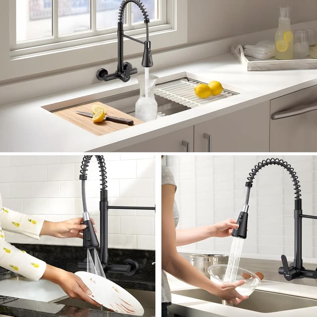 Detalle 2 de HURRAN Rubinetto Cucina a Muro con 3 modalità, monocomando girevole 360° e finitura nero opaco