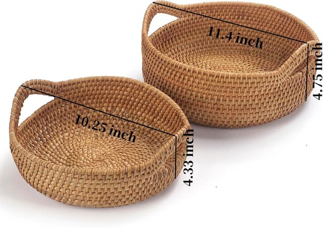 Detalle 1 de Handgewebte Rattan-Brotkörbe mit Griffen (2er-Set) – Obstkorb & Servierkorb für Küche und mehr