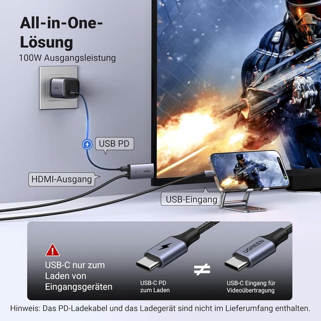 Detalle de UGREEN USB‑C auf HDMI Kabel (100 W PD) für 4K@60 Hz, 1080P bis 240 Hz – unidirektional