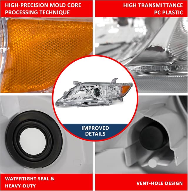 Thumbnail 6 de ADCARLIGHTS Compatible Headlights for 2010–2011 Toyota Camry (Chrome Housing, Amber Reflector, Clear Lens) — Driver & Passenger Side (W/O Bulbs)