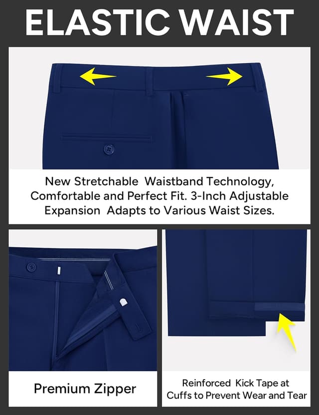 Detalle de RainbowDate Men’s Stretch Slim Fit 3-Piece Suit (Navy) — Jacket, Vest & Adjustable Waist Pants