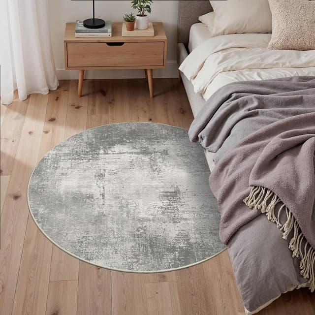 Detalle 2 de BEIMO runder waschbarer Kurzflor-Teppich für Wohnzimmer & Schlafzimmer (135 cm), abstraktes Grau-Braun