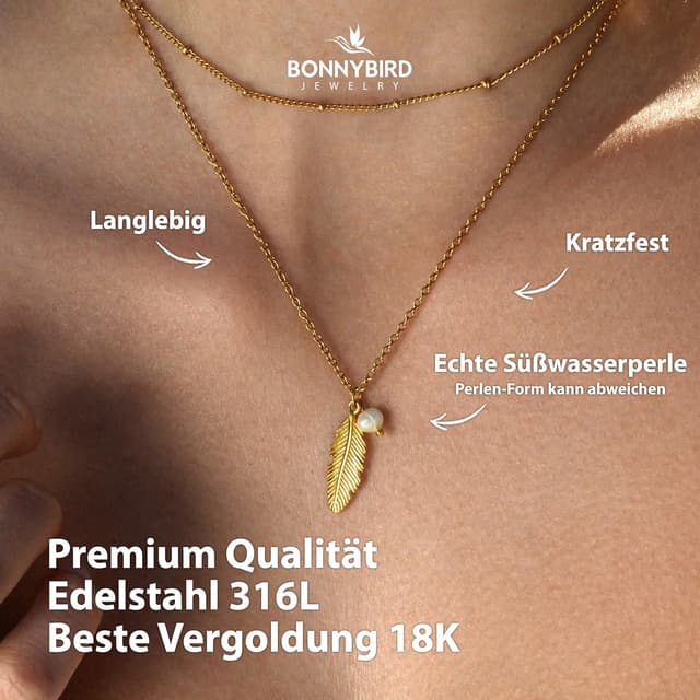 Detalle de BONNYBIRD BonnyFeather wasserfeste Federkette aus Edelstahl (316L) für Damen mit Süßwasserperle
