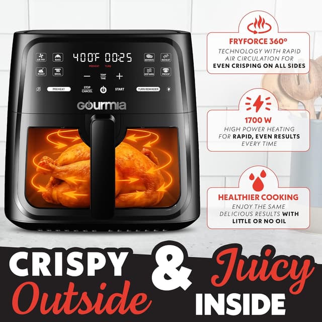Detalle 2 de Gourmia 8 Qt Air Fryer with 8 Presets and Digital Display (FryForce 360° Technology)