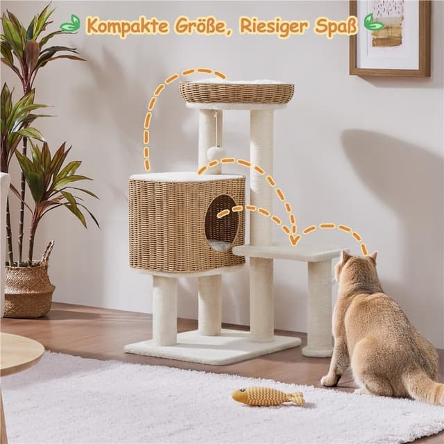 Detalle de Yaheetech Kratzbaum Rattan Kletterbaum für große Katzen bis 10 kg – 91 cm mit großen Plattformen & Höhle