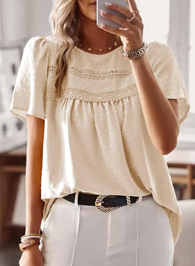 Detalle de TUUHAW Femme chemisier boho en dentelle à manches courtes et col rond