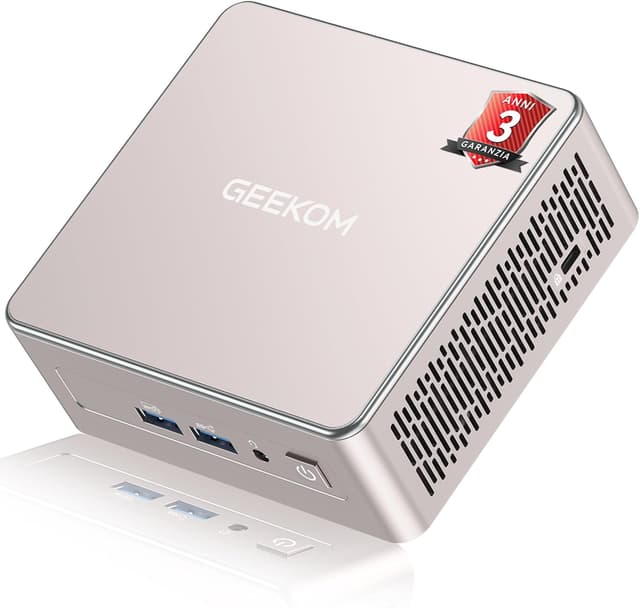 Detalle de GEEKOM A5 Mini PC con AMD Ryzen 5 7430U, 16GB RAM DDR4 e SSD 1TB, Windows 11, LAN 2.5G, slot SD, USB4 e HDMI