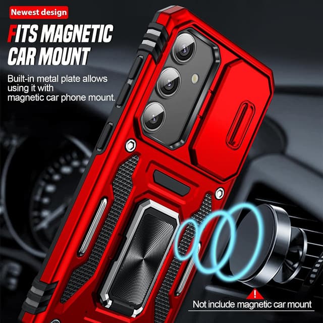 Detalle de LeYi for Samsung Galaxy S25 phone case with sliding camera lens cover and rotatable kickstand (Red)