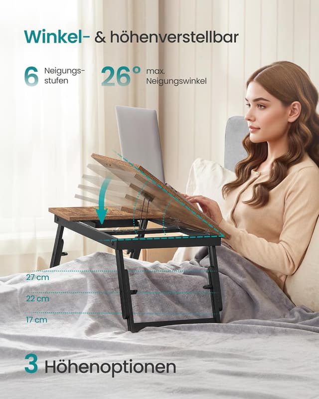 Detalle 2 de SONGMICS LLD105B01 Laptoptisch fürs Bett: höhen- und winkelverstellbar, bis 15,6 Zoll, klappbar mit Schublade
