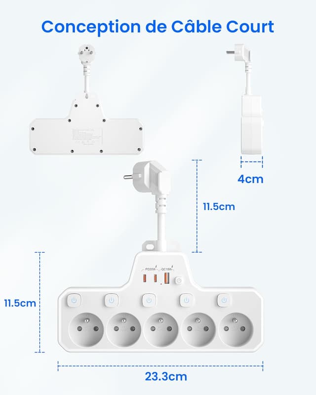 Detalle de Multiprise murale 5 prises françaises avec interrupteur individuel et USB C PD20W (blanc)