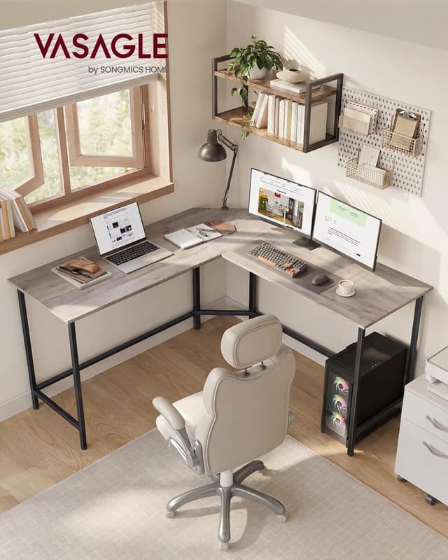 Detalle de VASAGLE L-förmiger Schreibtisch (140 x 140 x 76 cm) für die Ecke – platzsparender Eck- & Gaming-Tisch Greige meliert-tintenschwarz