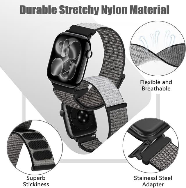 Detalle de Runostrich Nylon Sport Strap (Solo Loop) for Apple Watch 49mm–38mm – Adjustable 2 Pack